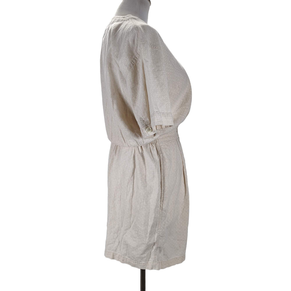 Vintage 90s Linen Blend Romper Size S Beige Micro Dot Short Sleeve Pockets - Picture 2 of 15